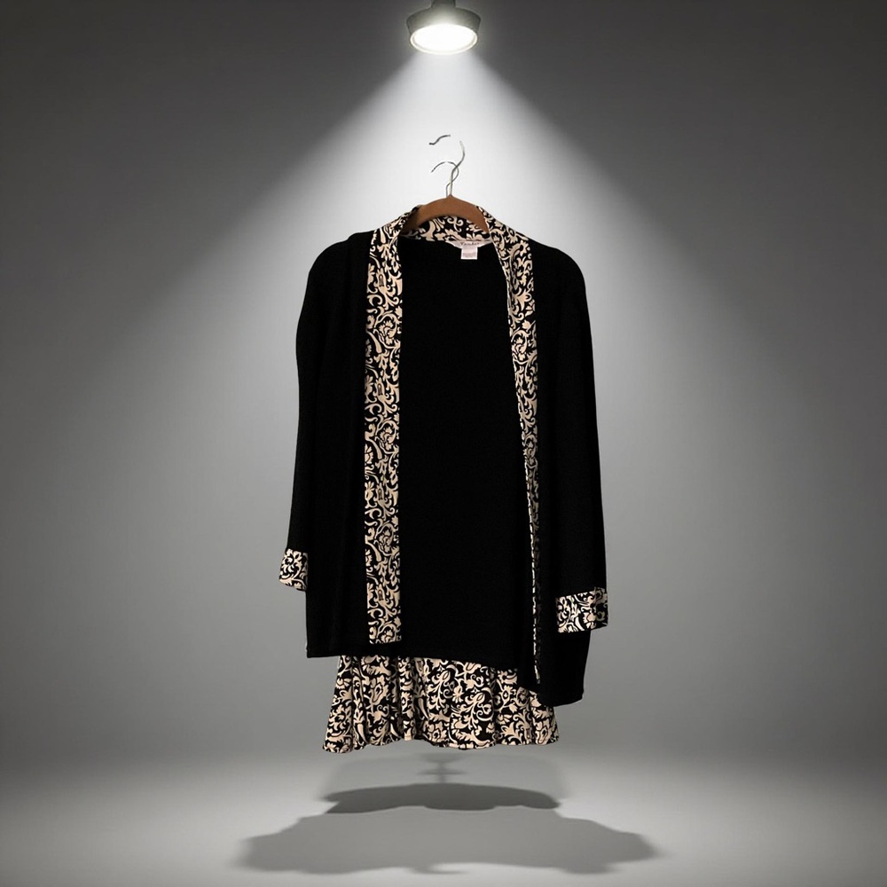 Black and Cream Patterned Cardigan top and skirt Set